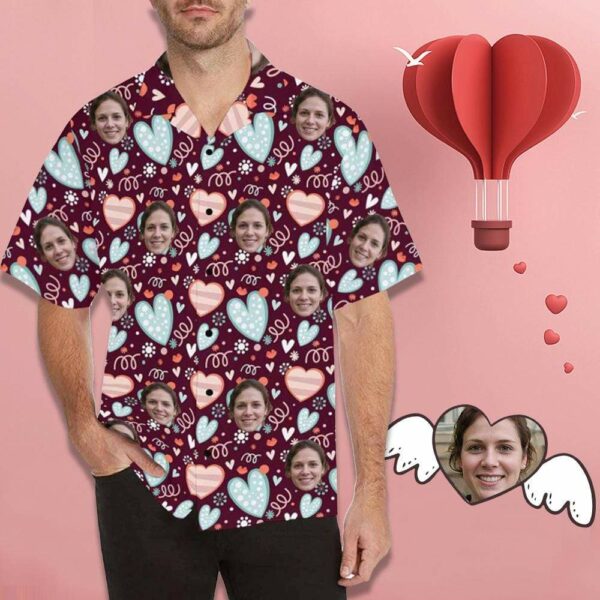 Custom Face Blue&Pink Hearts Men's All Over Print Hawaiian Shirt  - Free Design 9to5vibe