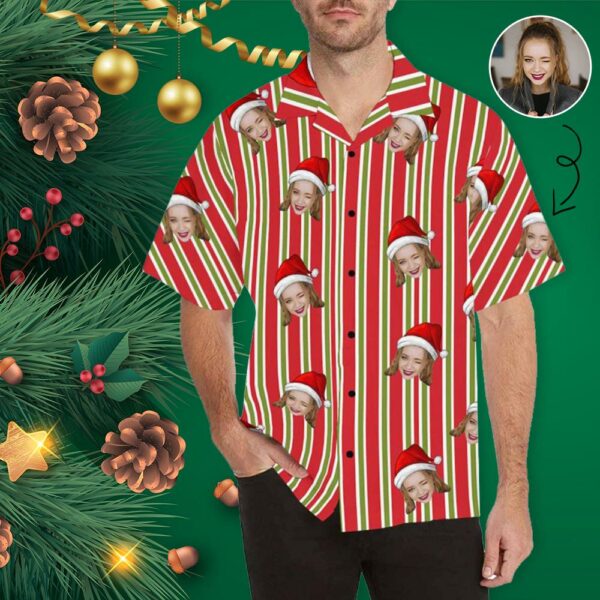 Custom Face Christmas Stripe Men's Hawaiian Shirt  - Free Design 9to5vibe