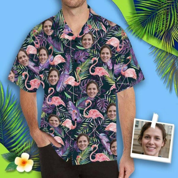 Custom Face Flamingo Purple Leaf Men's All Over Print Hawaiian Shirt  - Free Design 9to5vibe