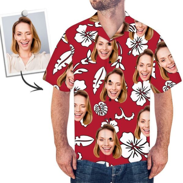 Custom Face Flowers And Leaves Beach Summer Short Sleeve Red Hawaiian Shirt  - Free Design 9to5vibe