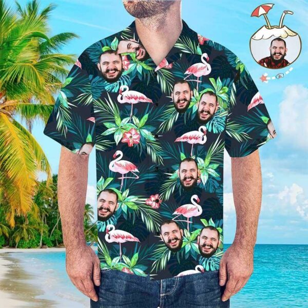 Custom Face Funky Hawaiian Shirt Leaves & Flamingo Button Down Shirts - Free Design 9to5vibe