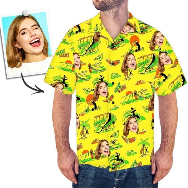 Custom Face Funky Hawaiian Shirt Yellow Button Down Shortsleeve Shirts - Free Design 9to5vibe