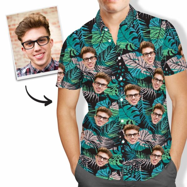 Custom Face Hawaiian Shirt Men's All Over Print Large Leaves Short Sleeve Shirt  - Free Design 9to5vibe