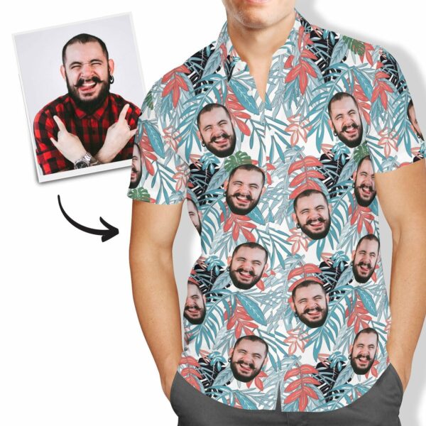 Custom Face Hawaiian Shirt Men's All Over Print Leaves  - Free Design 9to5vibe