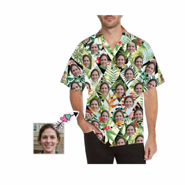 Custom Face Leaves Rhombus Men's All Over Print Hawaiian Shirt  - Free Design 9to5vibe