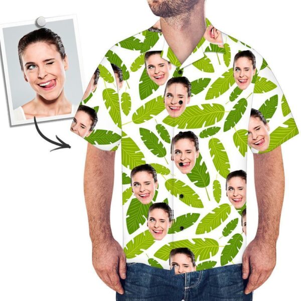 Custom Face Men's Hawaiian Shirt Fresh Green Leaves - Free Design 9to5vibe