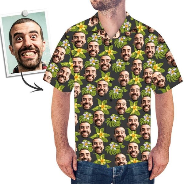 Custom Face Men's Hawaiian Shirt Green Flowers - Free Design 9to5vibe