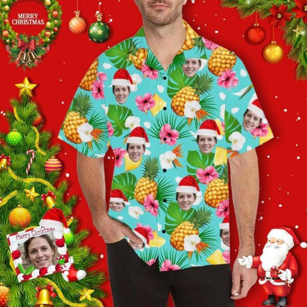 Custom Face Merry Christmas Pineapple Blue Unisex Hawaiian Shirts  - Free Design 9to5vibe