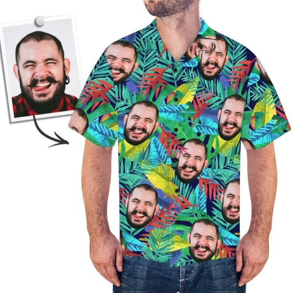 Custom Face Multicolor Leaves Men's All Over Print Hawaiian Shirt - Free Design 9to5vibe