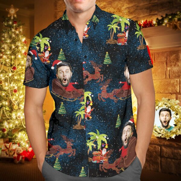 Custom Face Personalised Christmas Hawaiian Shirt Reindeer Pulling a Sleigh Christmas Gift  - Free Design 9to5vibe