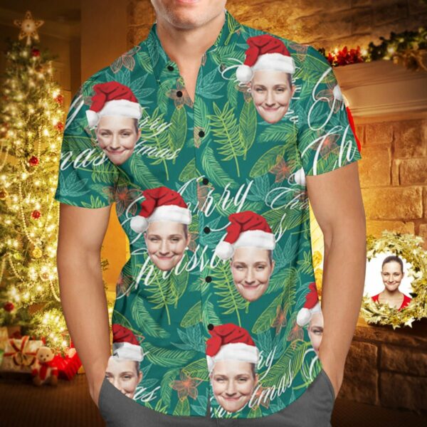 Custom Face Personalised Merry Christmas Hawaiian Shirt All Over Print Leaves  - Free Design 9to5vibe