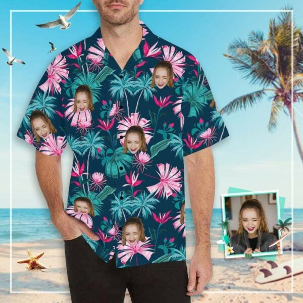 Custom Face Pink Flower Men's All Over Print Hawaiian Shirt - Free Design 9to5vibe