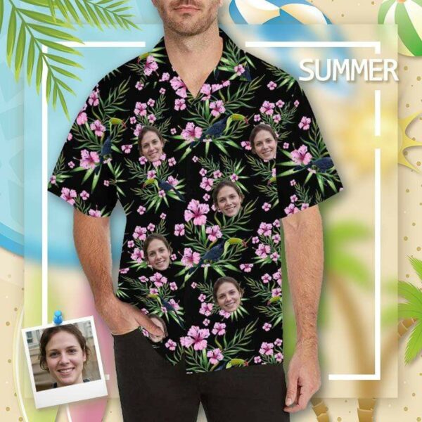 Custom Face Pink Flowers Men's All Over Print Hawaiian Shirt - Free Design 9to5vibe