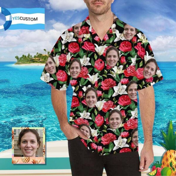 Custom Face Rose&Lily Flowers Men's All Over Print Hawaiian Shirt - Free Design 9to5vibe