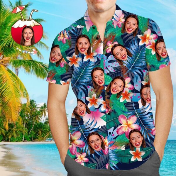 Custom Face Shirt Men's Hawaiian Shirt Personalized Photo Colorful Flowers Tshirts  - Free Design 9to5vibe