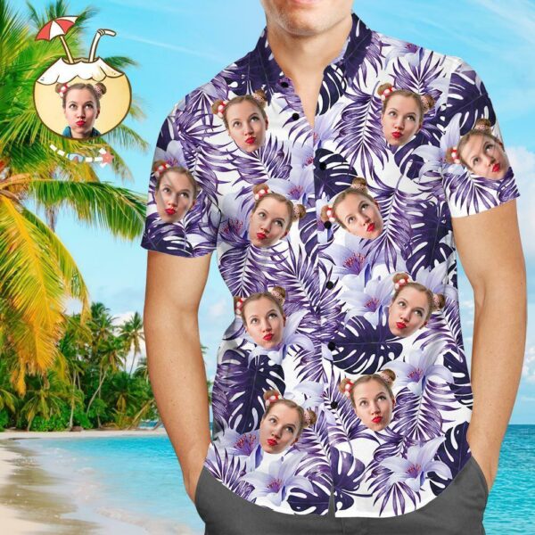 Custom Face Shirt Men's Hawaiian Shirt Purple Flowers - White  - Free Design 9to5vibe