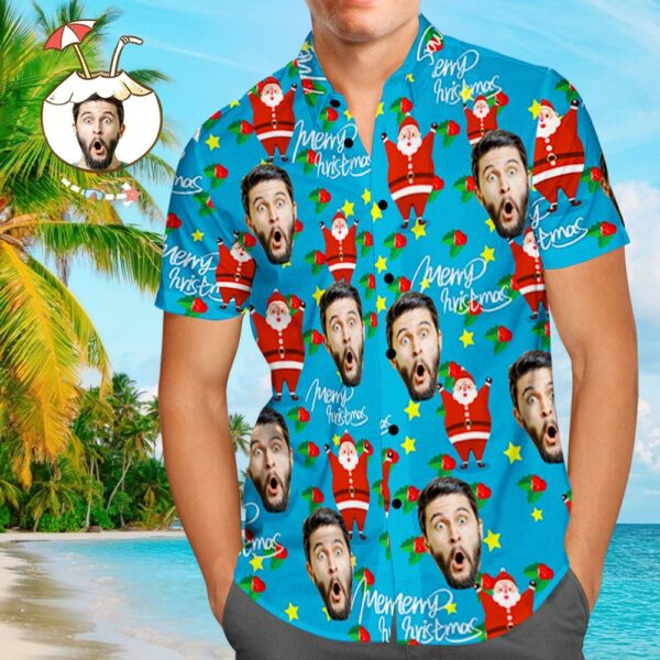 Custom Face Shirt Personalised Photo Men's Hawaiian Shirt Christmas Gift - Happy Santa  - Free Design 9to5vibe