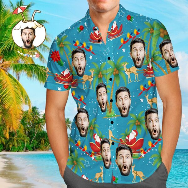 Custom Face Shirt Personalised Photo Men's Hawaiian Shirt Christmas Gift - Santa and Elk  - Free Design 9to5vibe