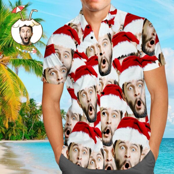 Custom Face Shirt Personalised Photo Men's Hawaiian Shirt Christmas Gift - Santa Face Mash  - Free Design 9to5vibe