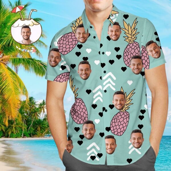 Custom Face Shirt Personalized Photo Men's Hawaiian Shirt Men's Hawaiian Shirt Pineapple and Heart  - Free Design 9to5vibe