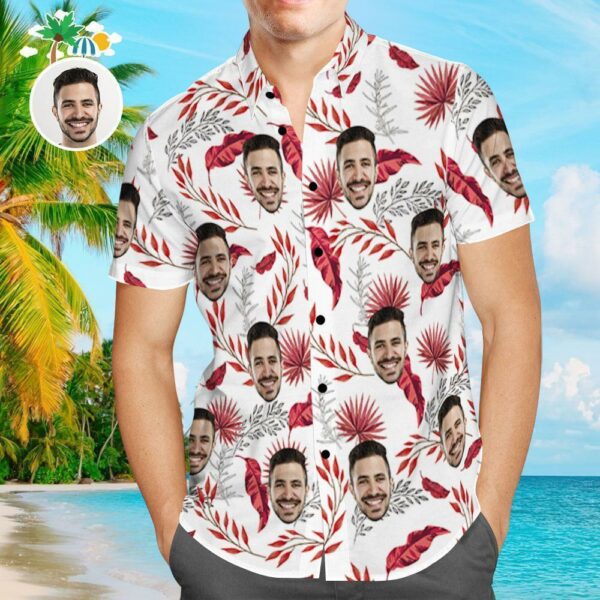 Custom Face Shirt Personalized Photo Men's Hawaiian Shirt Red Leaves Design Aloha Beach Shirt - Free Design 9to5vibe