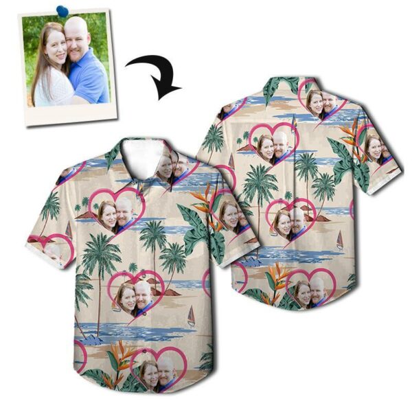 Custom Photo Hawaiian Shirts - Couple Love Palm Island Vintage - Custom Face Shirt All Over  - Free Design 9to5vibe