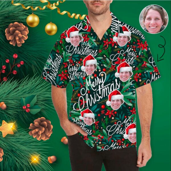 Funny Custom Face Merry Christmas Santa Claus Green Unisex Hawaiian Shirts  - Free Design 9to5vibe